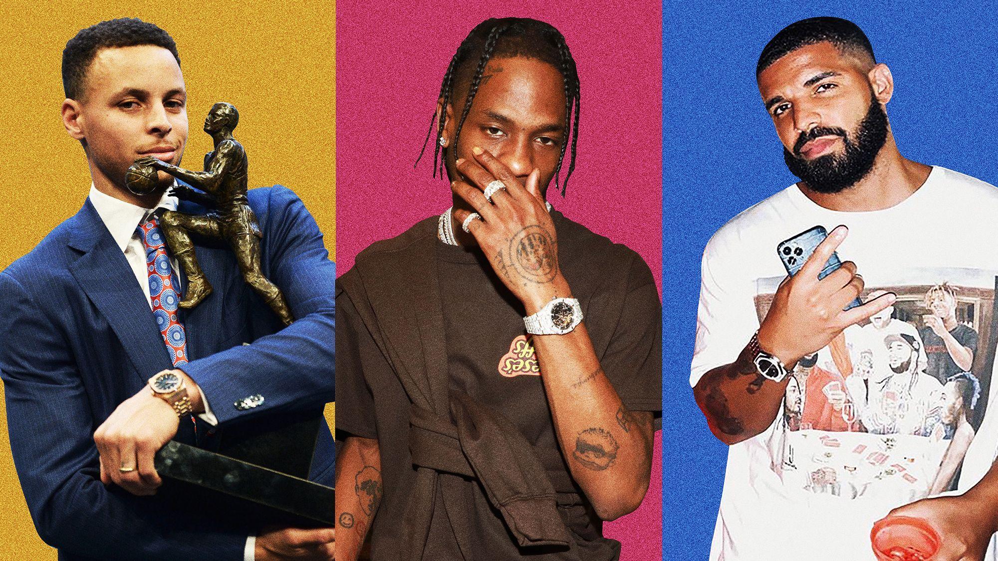 Celebrities including Steph Curry, Travis Scott, and Drake wearing luxury watches showcasing status and style